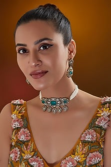 Gold Finish Aqua Stone & Pearl Floral Choker Necklace Set