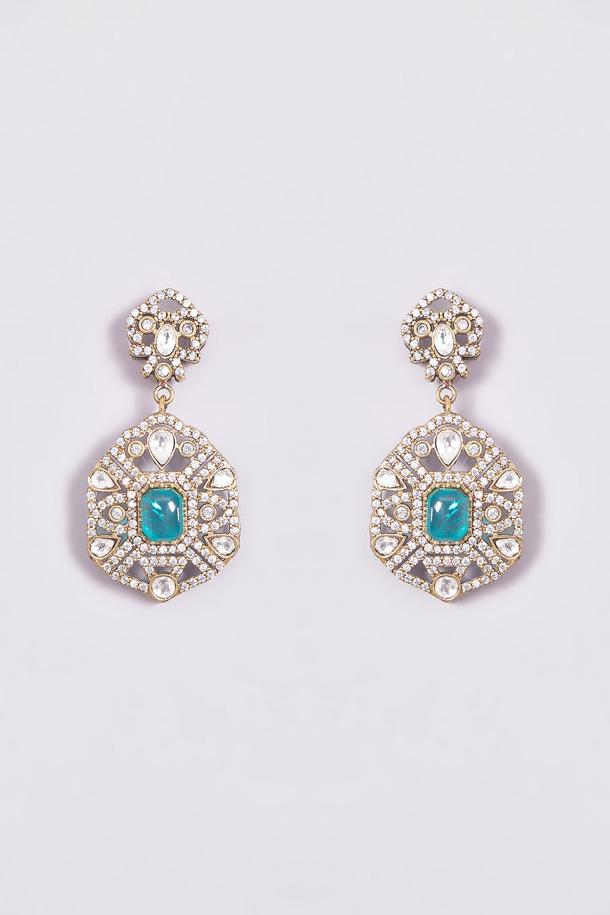 Gold Finish Aqua Stone & Pearl Floral Choker Necklace Set