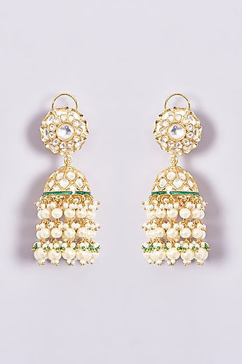 Gold Plated Kundan Polki & Pearl Drop Meenakari Jhumka Earrings