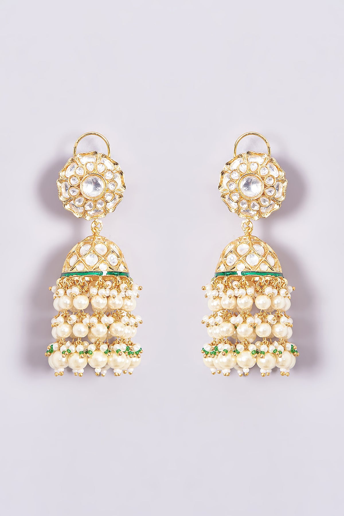 Gold Plated Kundan Polki & Pearl Drop Meenakari Jhumka Earrings