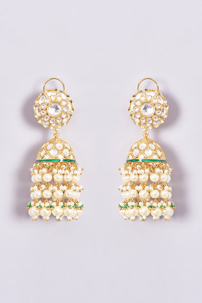Gold Plated Kundan Polki & Pearl Drop Meenakari Jhumka Earrings