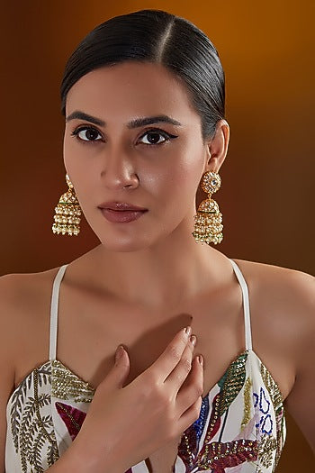 Gold Plated Kundan Polki & Pearl Drop Meenakari Jhumka Earrings