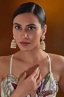 Gold Plated Kundan Polki & Pearl Drop Meenakari Jhumka Earrings