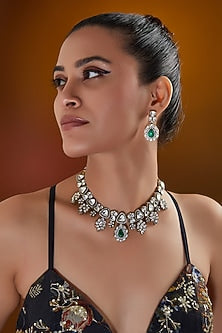 Gold Finish Green Stone & Kundan Polki Floral Necklace Set