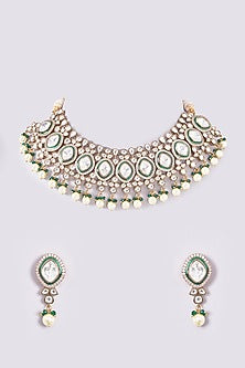 Black Rhodium Finish Kundan Polki & Pearl Necklace Set