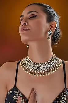 Black Rhodium Finish Kundan Polki & Pearl Necklace Set
