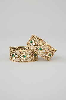 Antique Gold Finish Moissanite & Green Stone Kadas (Set Of 2)