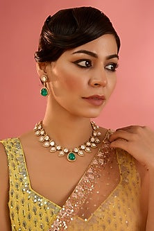 Gold Finish Moissanite & Green Stone Necklace Set