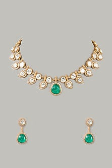 Gold Finish Moissanite & Green Stone Necklace Set