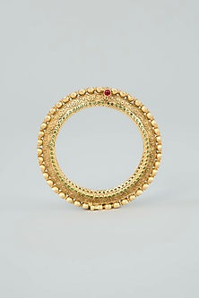 Gold Finish Kundan Polki & Green Stone Kadas (Set Of 2)