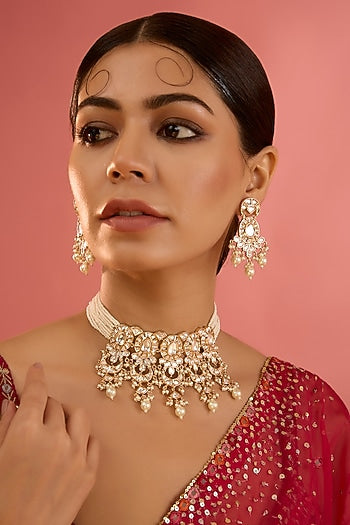 Gold Plated Kundan Polki & Pearl Choker Necklace Set
