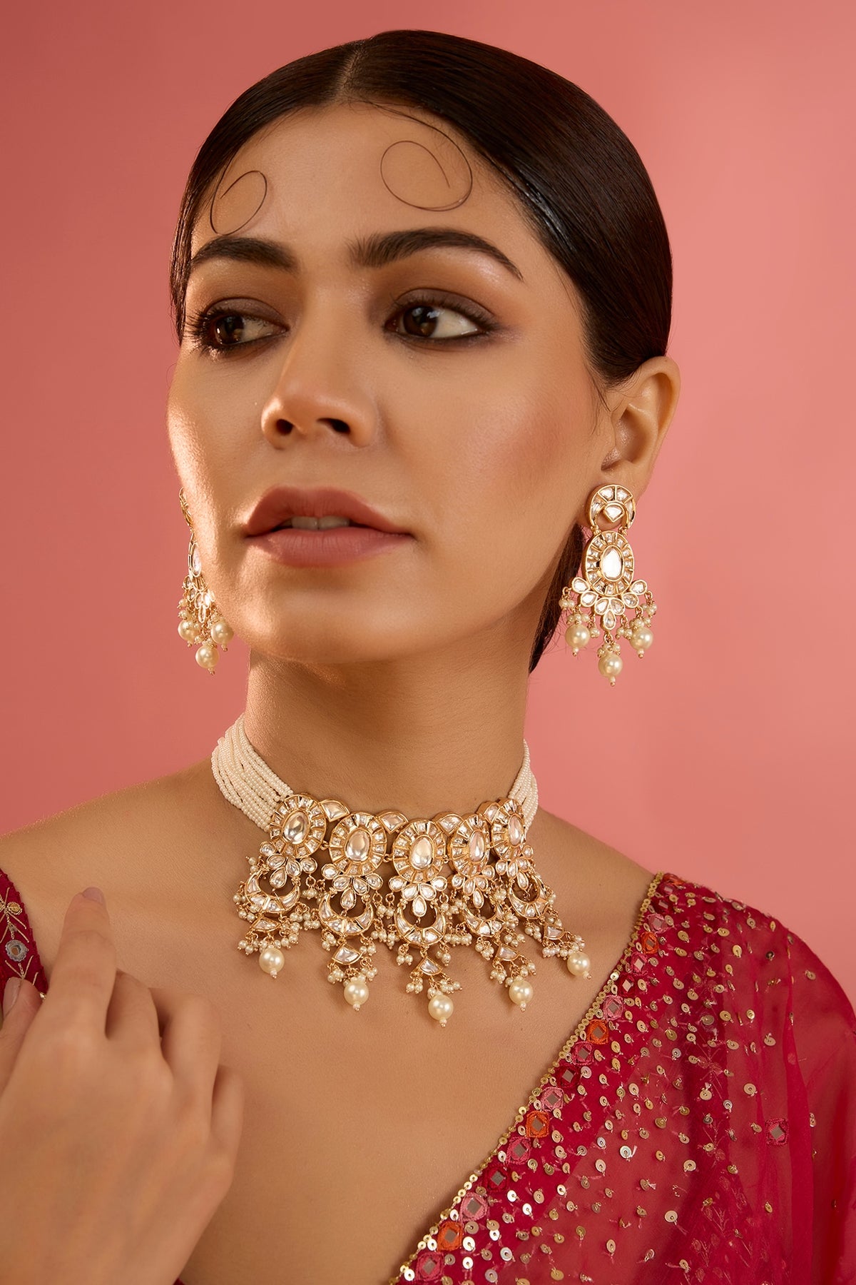 Gold Plated Kundan Polki & Pearl Choker Necklace Set
