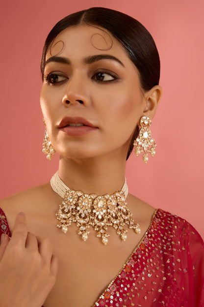 Gold Plated Kundan Polki & Pearl Choker Necklace Set