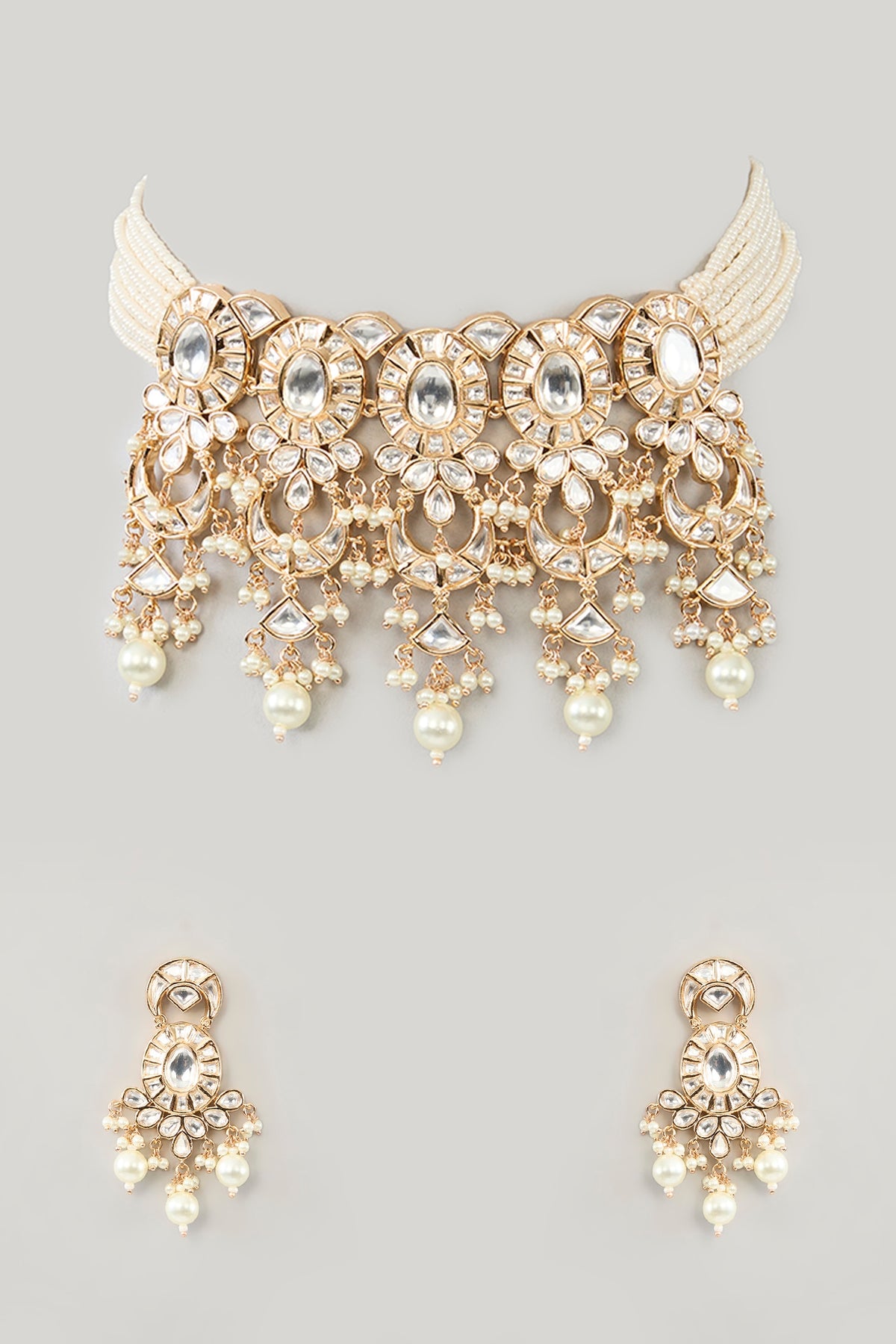 Gold Plated Kundan Polki & Pearl Choker Necklace Set