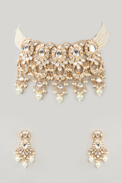 Gold Plated Kundan Polki & Pearl Choker Necklace Set