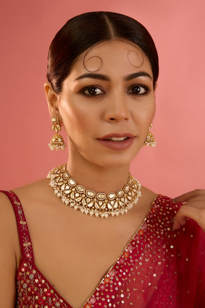 Gold Finish Moissanite & Pearl Necklace Set
