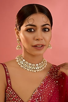 Gold Finish Moissanite & Pearl Necklace Set