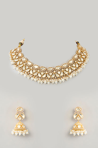 Gold Finish Moissanite & Pearl Necklace Set