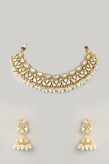 Gold Finish Moissanite & Pearl Necklace Set