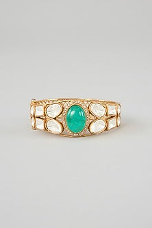 Gold Finish Moissanite & Green Stone Kada