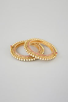 Gold Finish Kundan Polki & Pink Stone Kadas (Set Of 2)