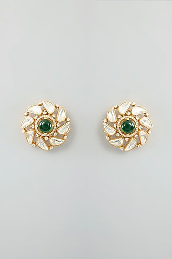 Gold Finish Moissanite & Green Stone Stud Earrings