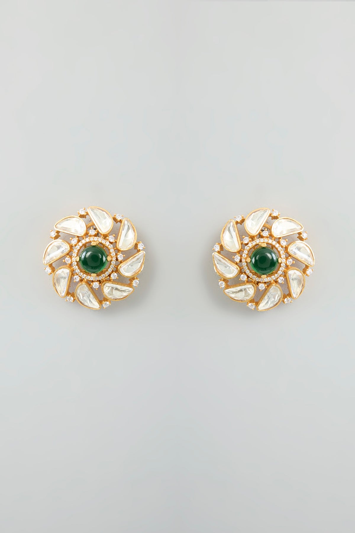 Gold Finish Moissanite & Green Stone Stud Earrings