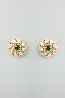 Gold Finish Moissanite & Green Stone Stud Earrings