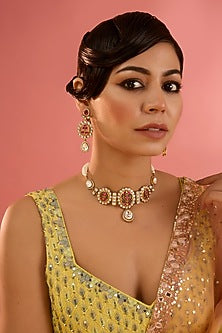 Gold Plated Kundan Polki & Pink Stone Resin Necklace Set