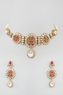 Gold Plated Kundan Polki & Pink Stone Resin Necklace Set
