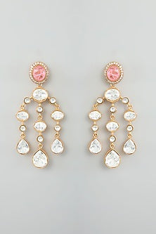 Gold Finish Moissanite & Pink Stone Dangler Earrings