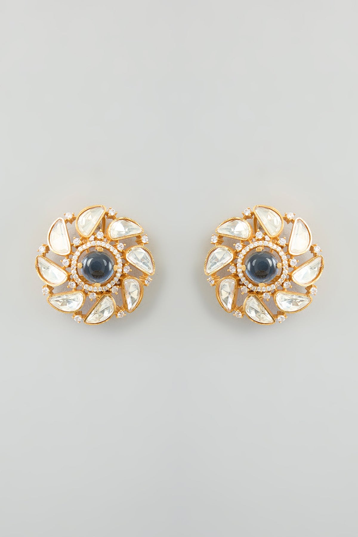 Gold Finish Moissanite & Blue Stone Stud Earrings