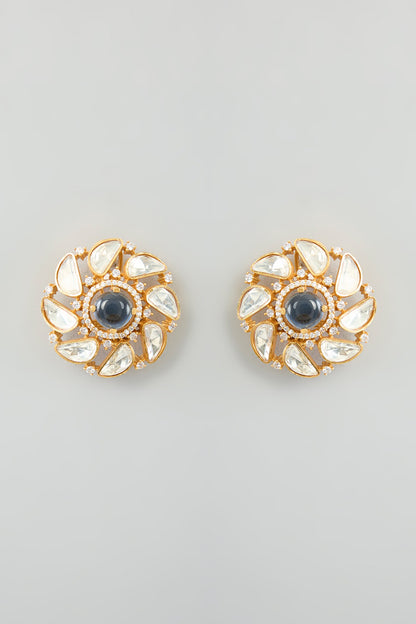 Gold Finish Moissanite & Blue Stone Stud Earrings