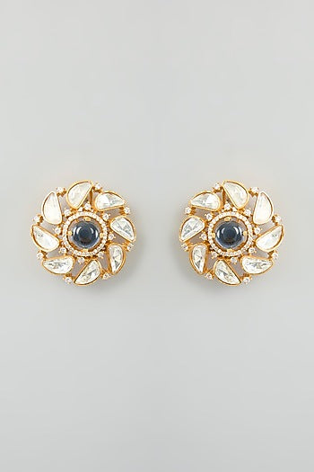 Gold Finish Moissanite & Blue Stone Stud Earrings