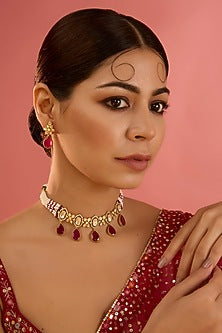 Gold Finish Moissanite & Red Stone Choker Necklace Set