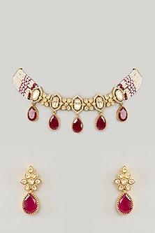 Gold Finish Moissanite & Red Stone Choker Necklace Set