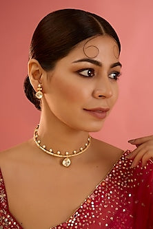 Gold Finish Moissanite & Pearl Necklace Set