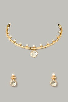 Gold Finish Moissanite & Pearl Necklace Set