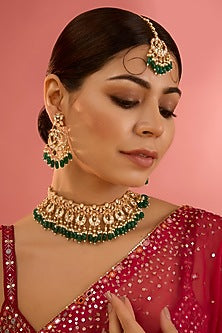 Gold Finish Kundan Polki & Green Pearl Drop Necklace Set