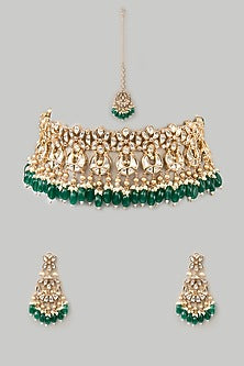 Gold Finish Kundan Polki & Green Pearl Drop Necklace Set