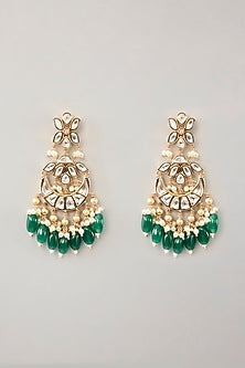 Gold Finish Kundan Polki & Green Pearl Drop Necklace Set