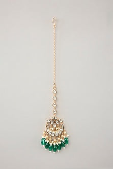 Gold Finish Kundan Polki & Green Pearl Drop Necklace Set