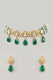 Gold Finish Moissanite & Green Stone Choker Necklace Set
