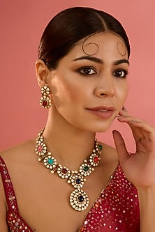 Gold Finish Moissanite & Navratna Stone Long Necklace Set