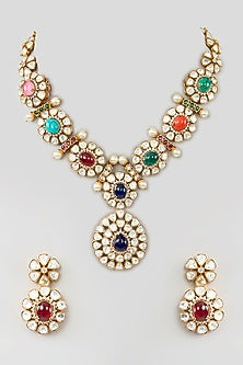 Gold Finish Moissanite & Navratna Stone Long Necklace Set