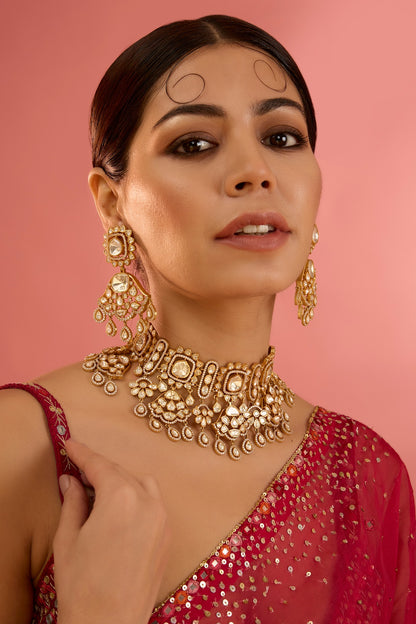 Gold Finish Moissanite & Pearl Necklace Set