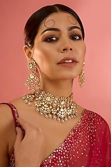 Gold Finish Moissanite & Pearl Necklace Set