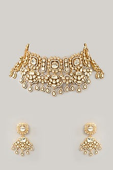 Gold Finish Moissanite & Pearl Necklace Set