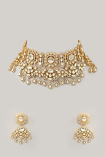 Gold Finish Moissanite & Pearl Necklace Set