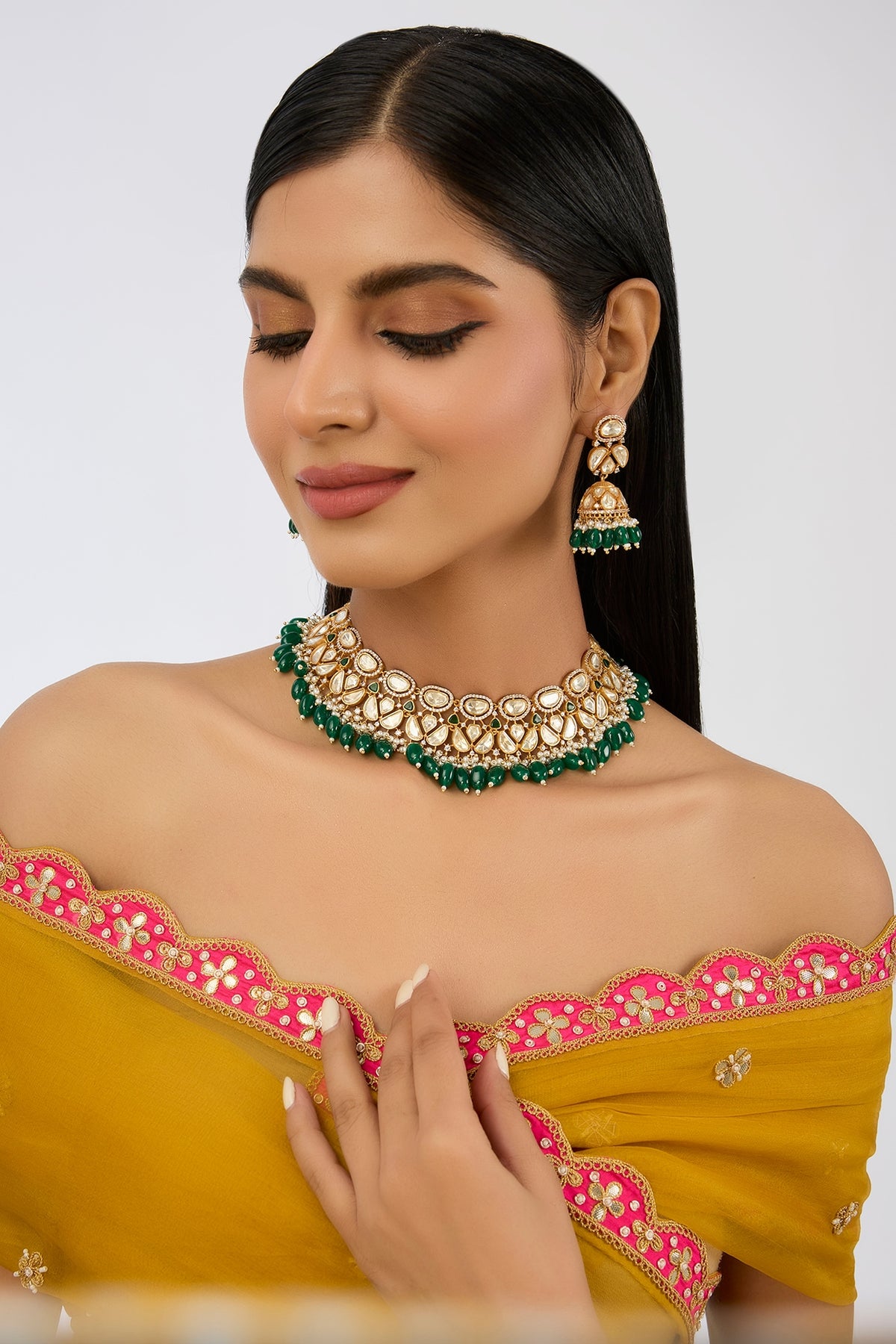 Gold Finish Moissanite & Pearl Necklace Set